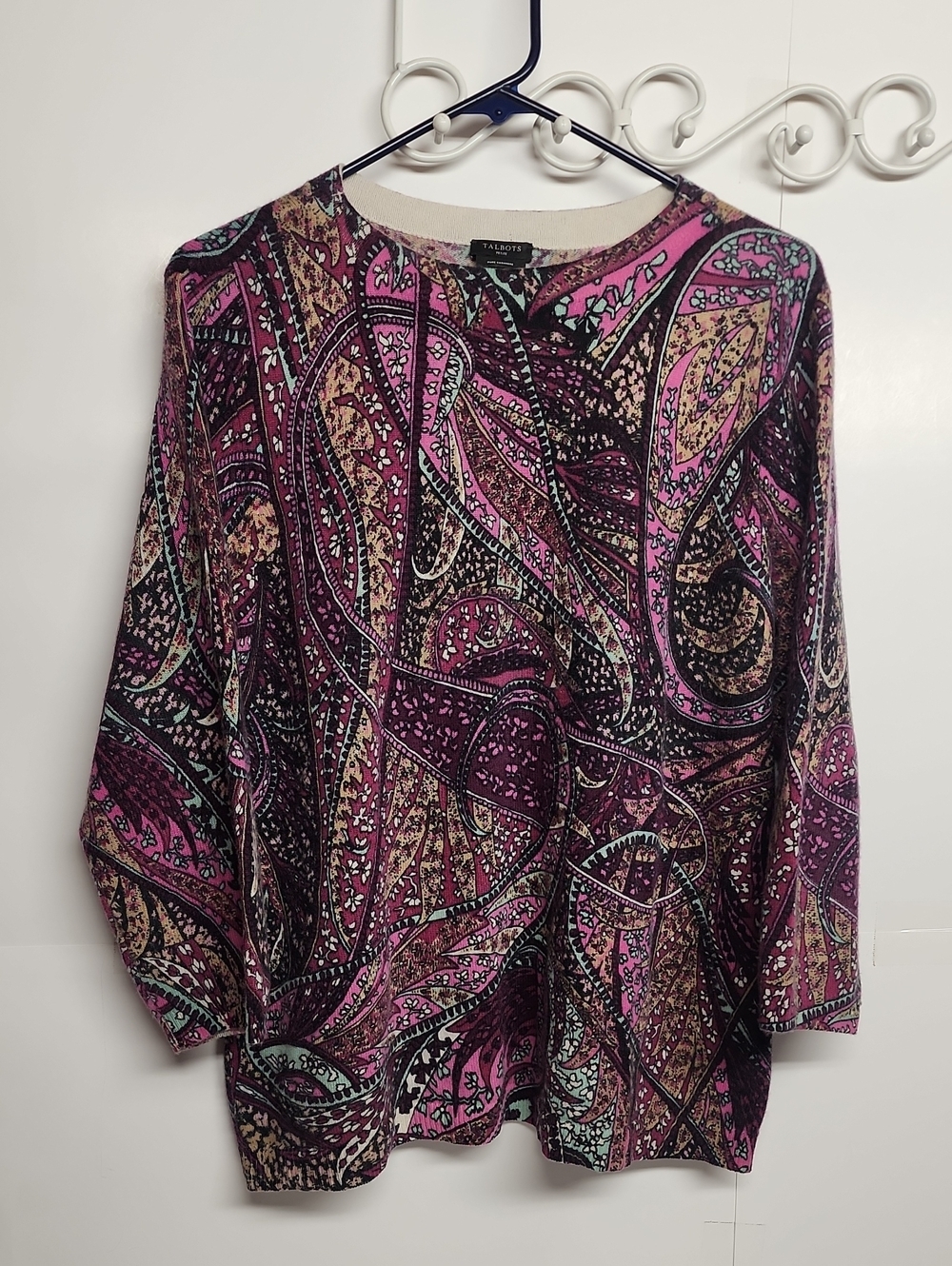 Talbots Petite XL Pure Cashmere SOFT Paisley Pullover - Pink Black Cream Accents